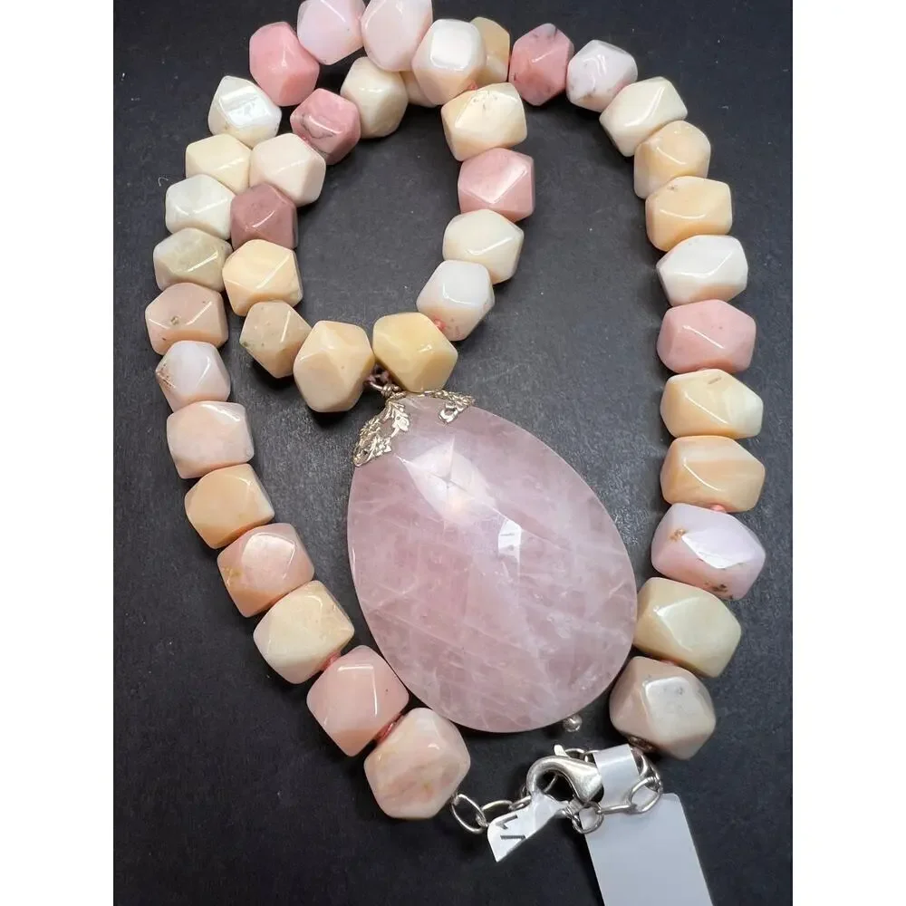 NEW pink opal and rose quartz Sterling silver necklace